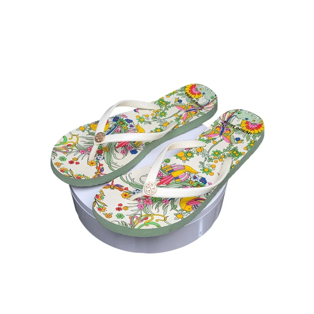 Tory Burch Flip Flops 9 White Green Floral Bird Print Logo Thong Sandals Summer
